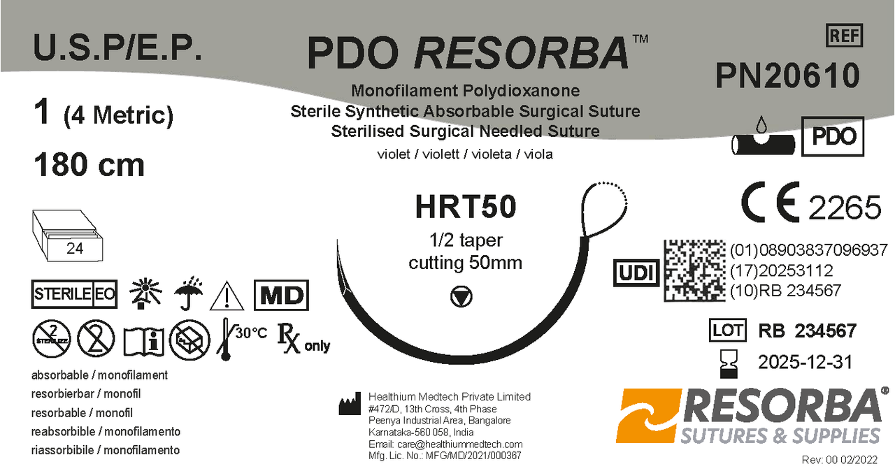 ПДО Ресорба USP1 фіолетовий, петля 180см, кол. голка з ріж.вістр.50 мм, 1/2кола